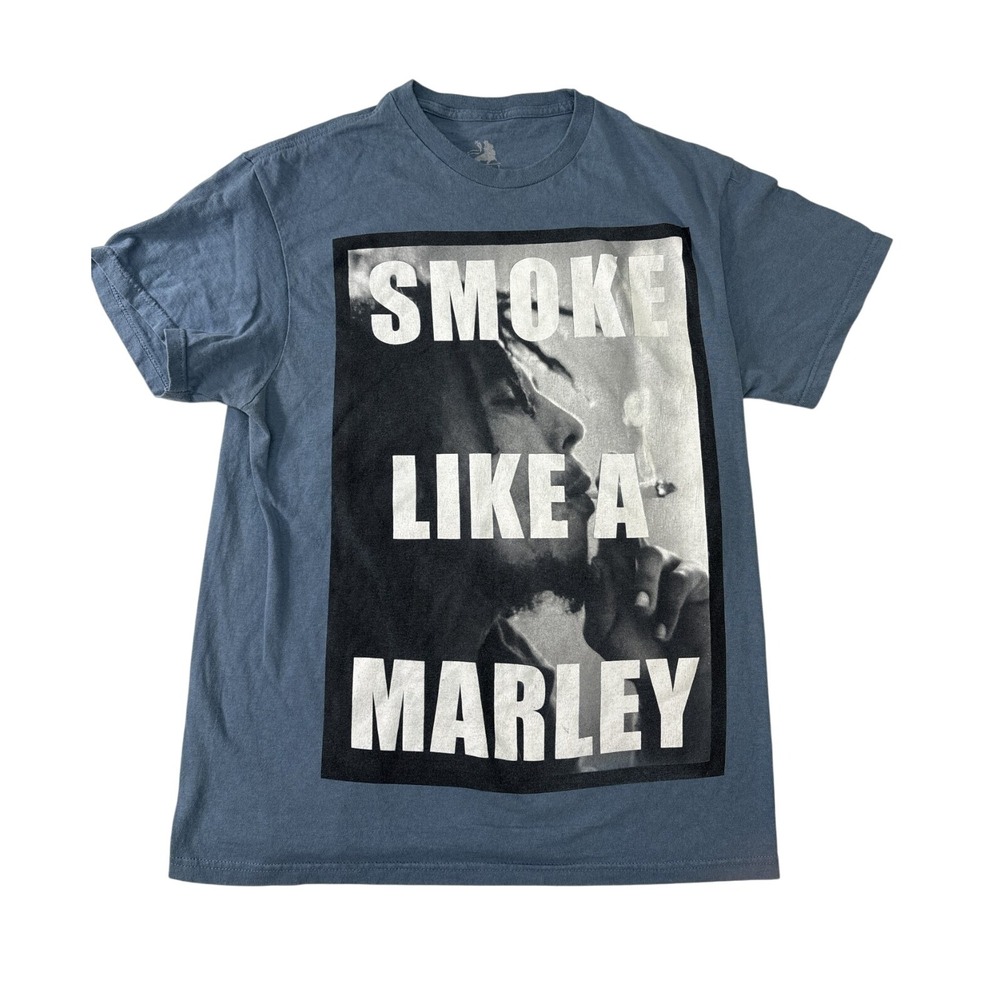 Zion Rootswear‎ Bob Marley Smoke Like A Marley Graphic T-Shirt Blue Gray Medium